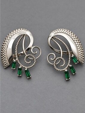 Silver-Tone Swirl Earrings with Emerald Green Stones